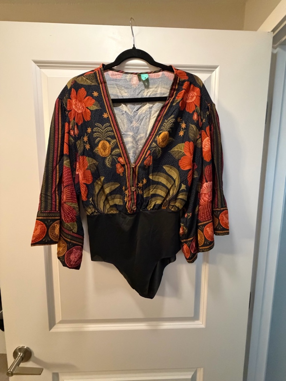 FARM Rio Black Bodysuit with Orange & Gold Floral Print